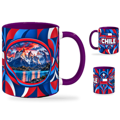 Chile Mug Purple – 320ml with purple handle, showing the landmark side plus companion country-name and centered-flag views of the glossy full-wrap design by Fann Bliss.