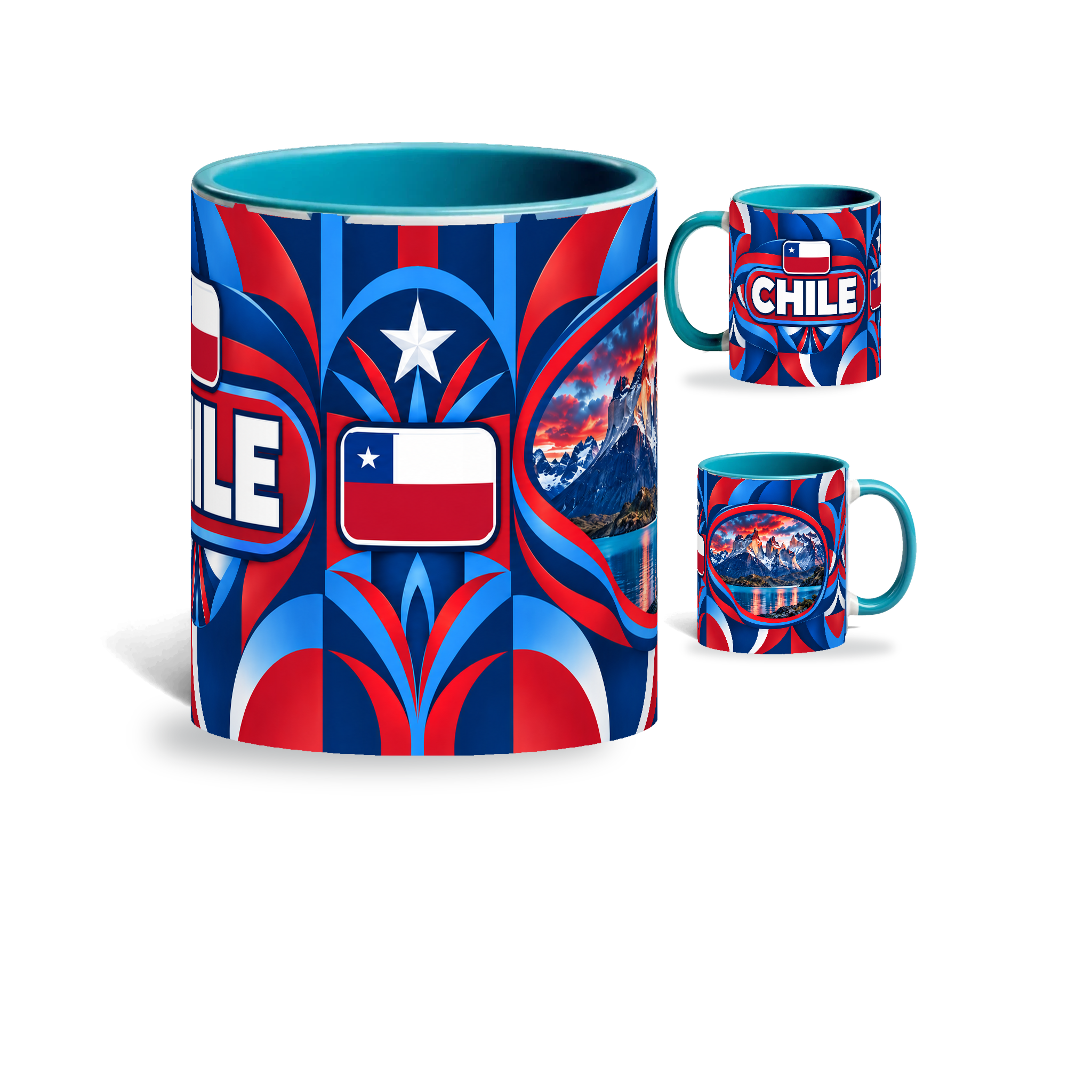 Chile Mug Teal – 320ml with teal handle, showing the centered flag view plus companion country-name and landmark views of the glossy full-wrap design by Fann Bliss.