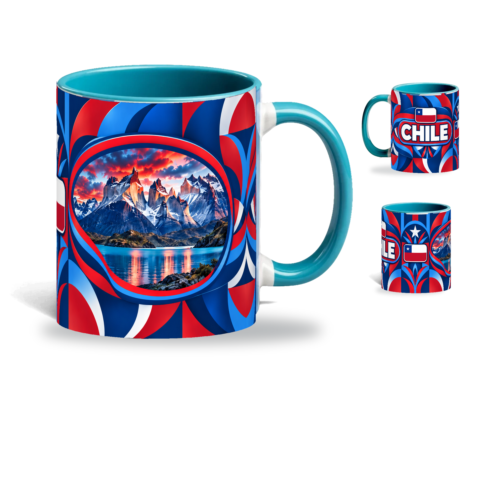 Chile Mug Teal – 320ml with teal handle, showing the landmark side plus companion country-name and centered-flag views of the glossy full-wrap design by Fann Bliss.