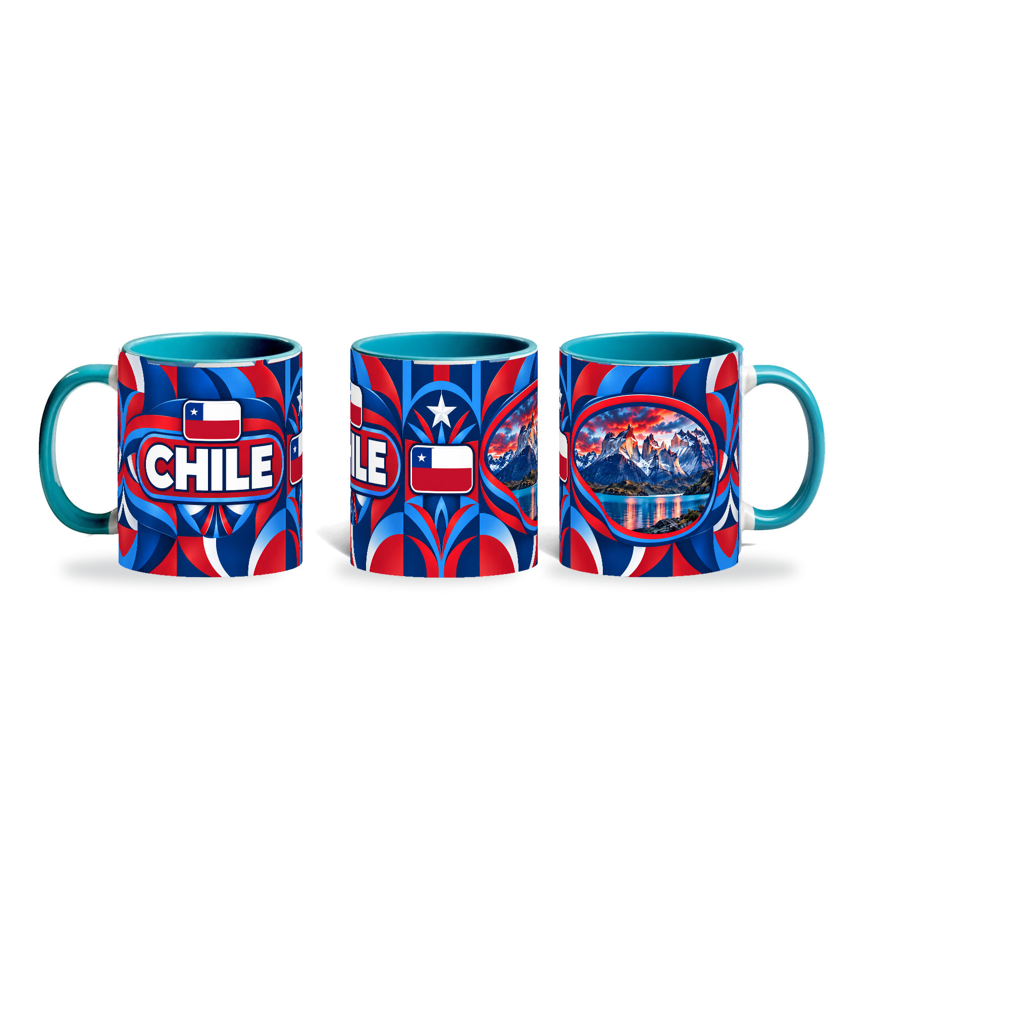 Chile Mug Teal – 320ml with teal handle, shown in three matching angles of the glossy full-wrap design by Fann Bliss.