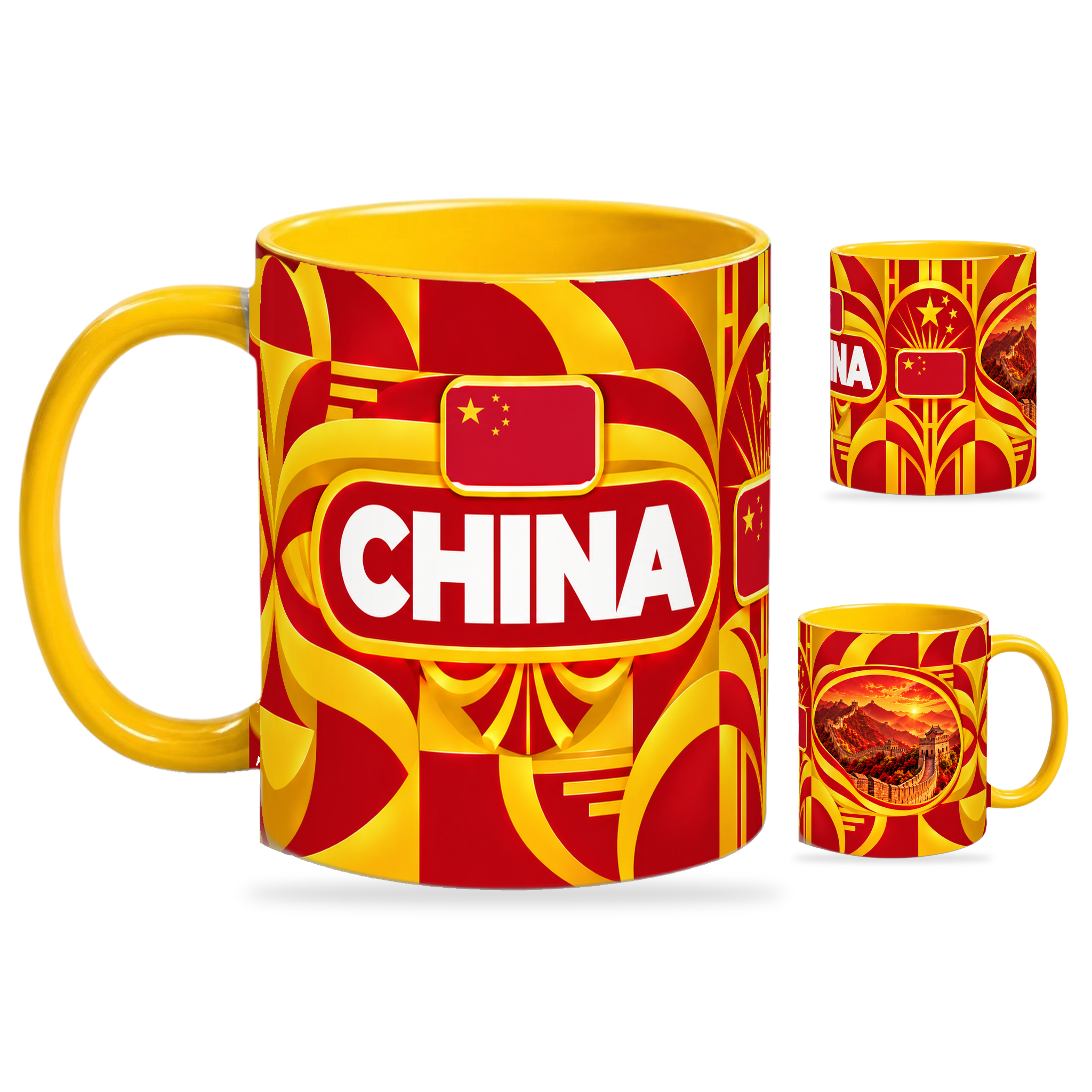China Mug Yellow – 320ml with yellow handle, showing the country-name side plus companion centered-flag and landmark views of the glossy full-wrap design by Fann Bliss.