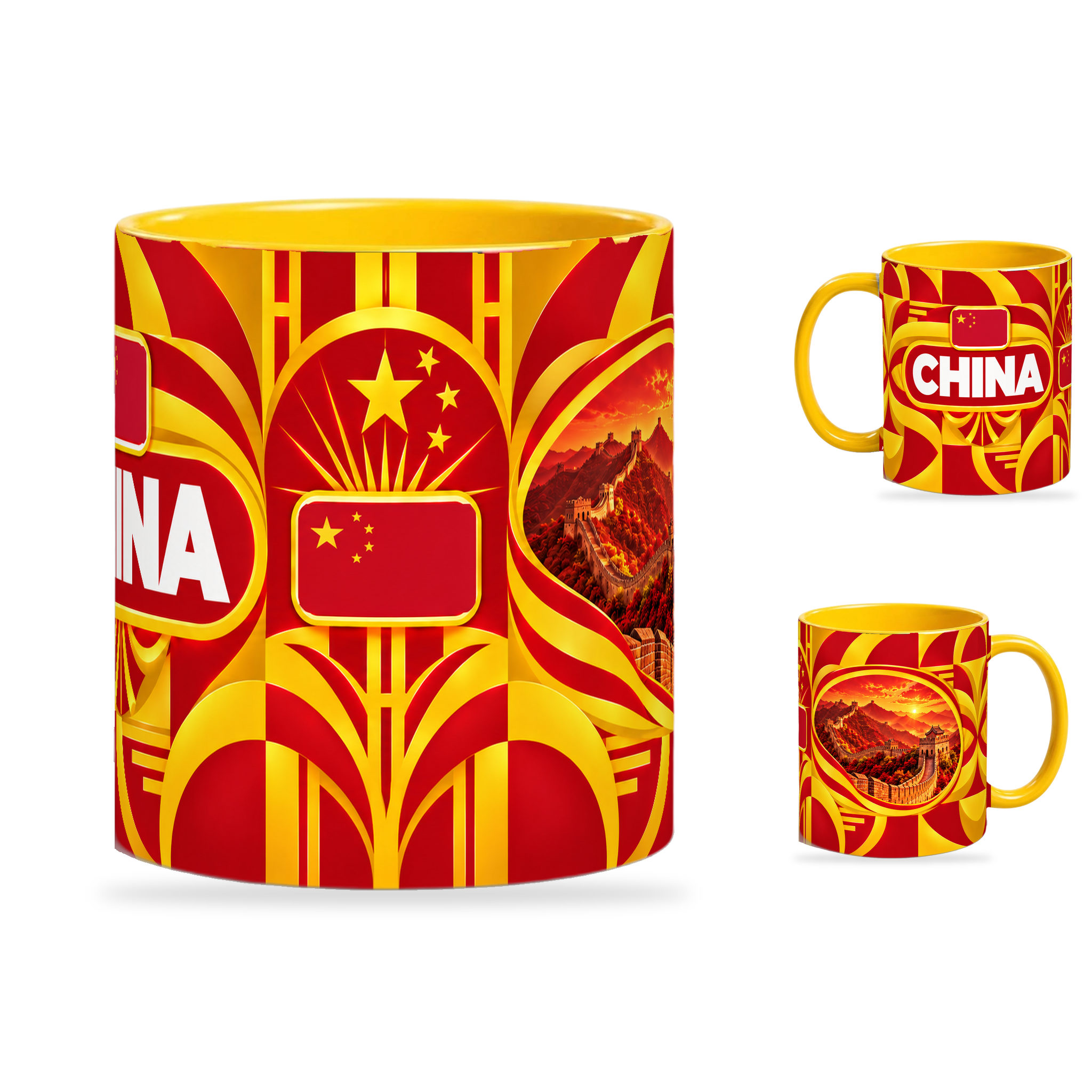 China Mug Yellow – 320ml with yellow handle, showing the centered flag view plus companion country-name and landmark views of the glossy full-wrap design by Fann Bliss.