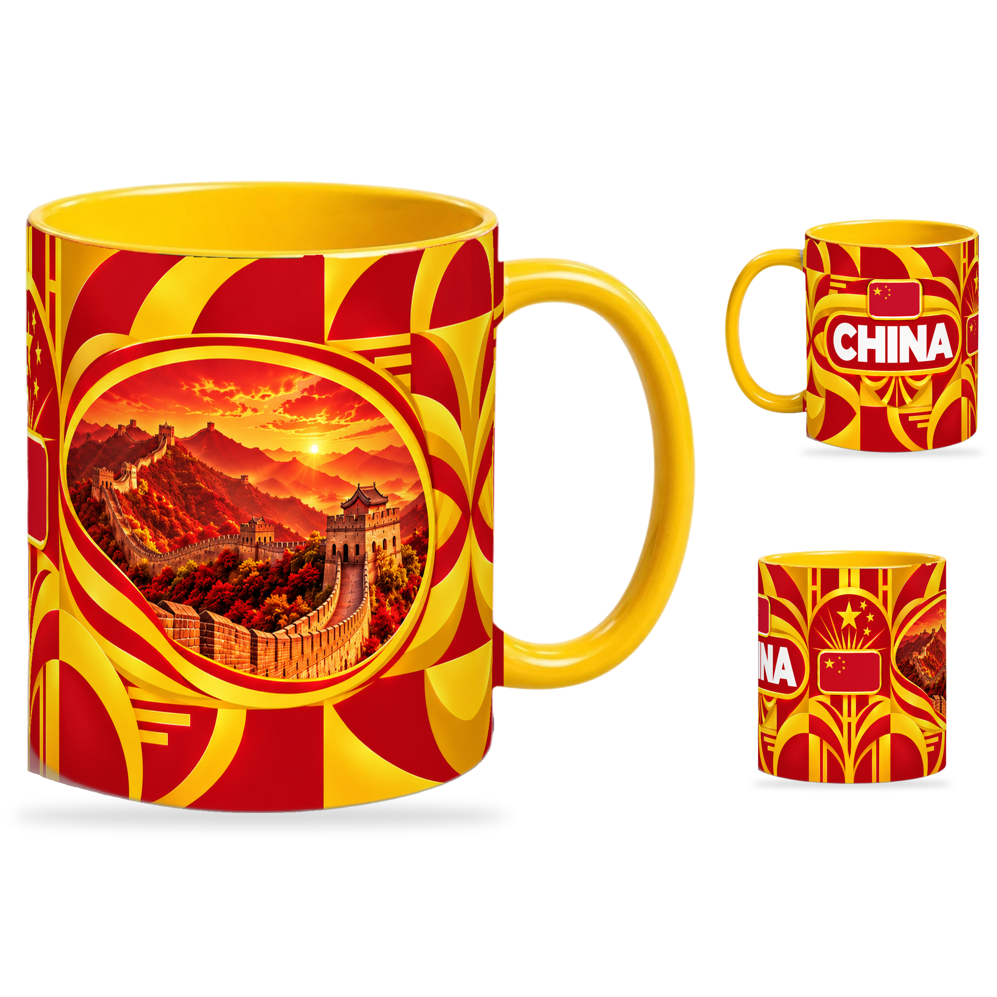 China Mug Yellow – 320ml with yellow handle, showing the landmark side plus companion country-name and centered-flag views of the glossy full-wrap design by Fann Bliss.