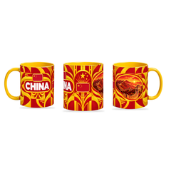 China Mug Yellow – 320ml with yellow handle, shown in three matching angles of the glossy full-wrap design by Fann Bliss.