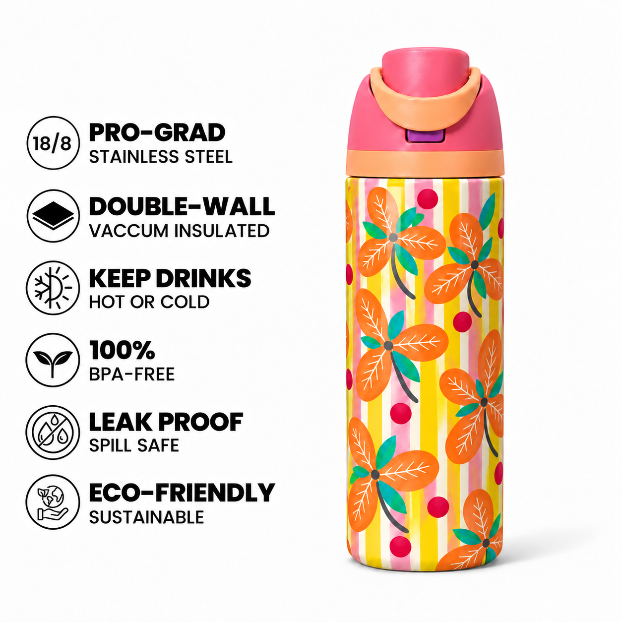Citrus Bloom Free Sip Bottle 720ML with Pink-Orange lid - insulated stainless steel features