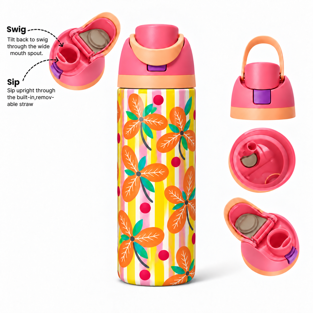 Citrus Bloom Free Sip Bottle 720ML with Pink-Orange lid - sip and swig lid details