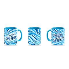 Class Act Mug – 320ml, Light Blue ceramic mug, three-angle overview of the Teacher’s Day artwork