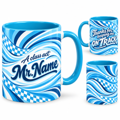 Class Act Mug – 320ml, light blue ceramic mug, views of the full-wrap Teacher’s Day design