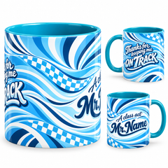 Class Act Mug – 320ml, teal ceramic mug, views of the full-wrap Teacher’s Day design