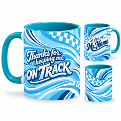 Class Act Mug – 320ml, teal ceramic mug, views of the full-wrap Teacher’s Day design