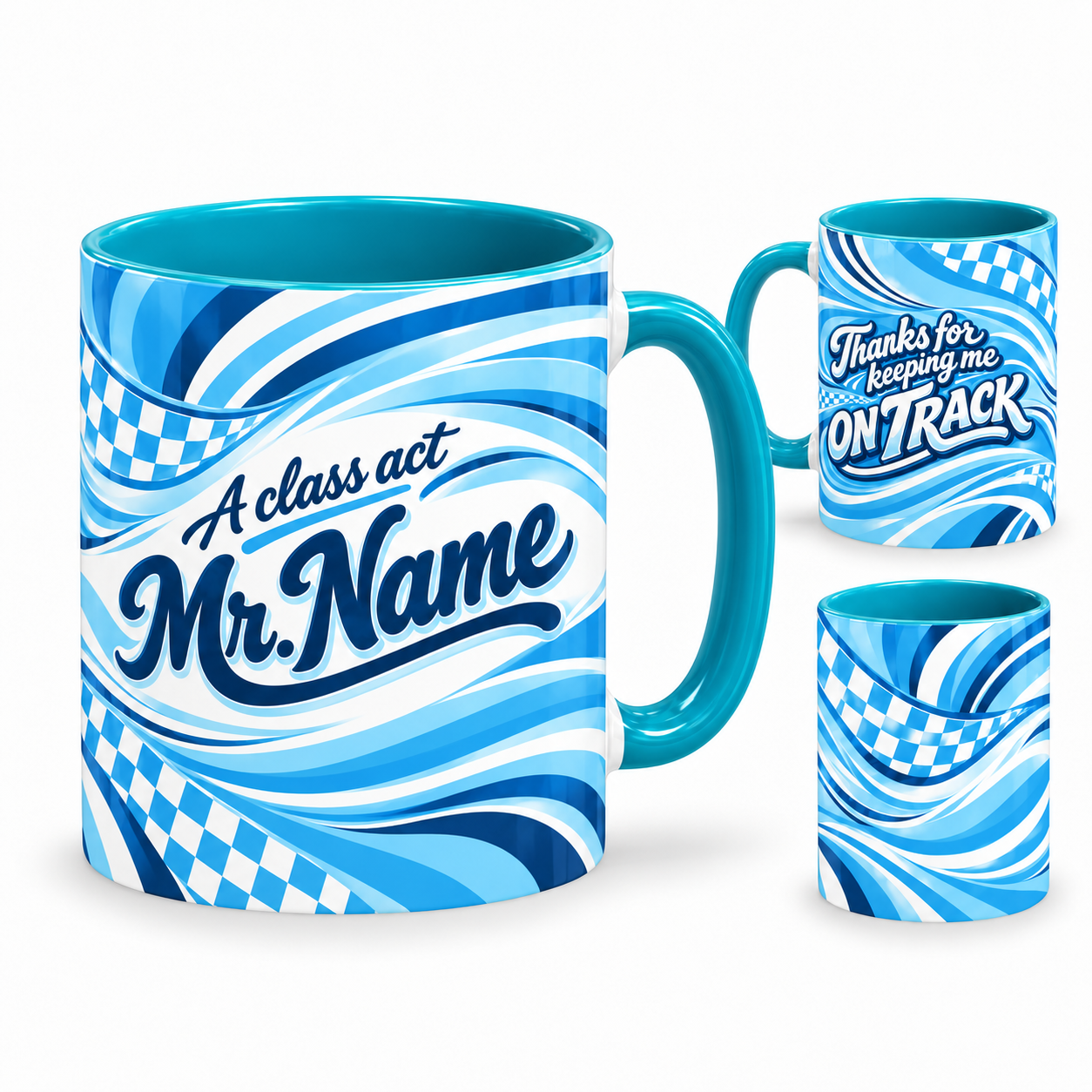 Class Act Mug – 320ml, Teal mug, right view with matching full-wrap artwork