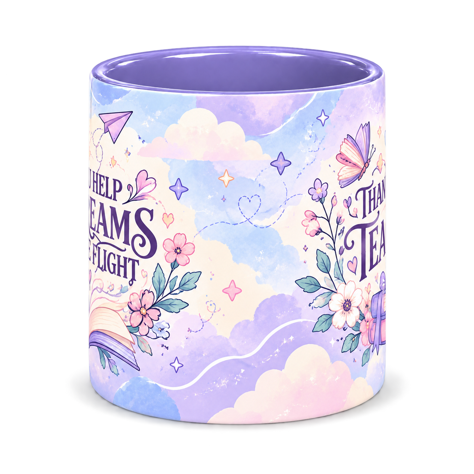 Clouds of Possibility Teacher Mug, light purple – centre view of the full-wrap pattern