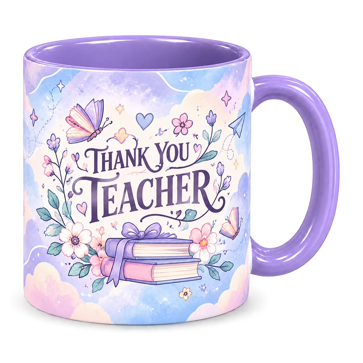 Clouds of Possibility Teacher Mug, light purple – handle on the right, THANK YOU TEACHER