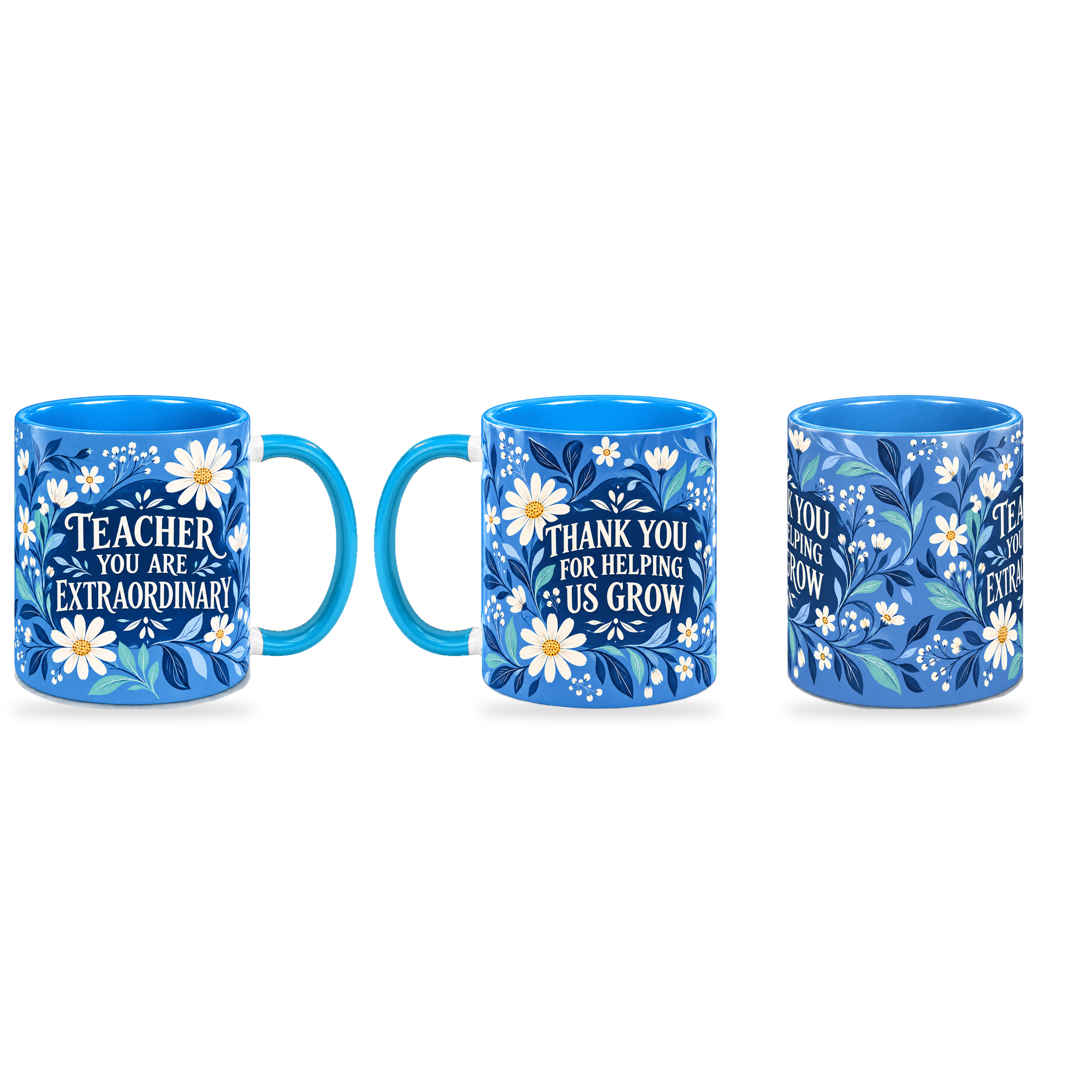 Cobalt Floral Thanks Teacher Mug – 320ml — right, left and centre views together on a transparent background