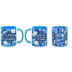 Cobalt Floral Thanks Teacher Mug – 320ml — right, left and centre views together on a transparent background