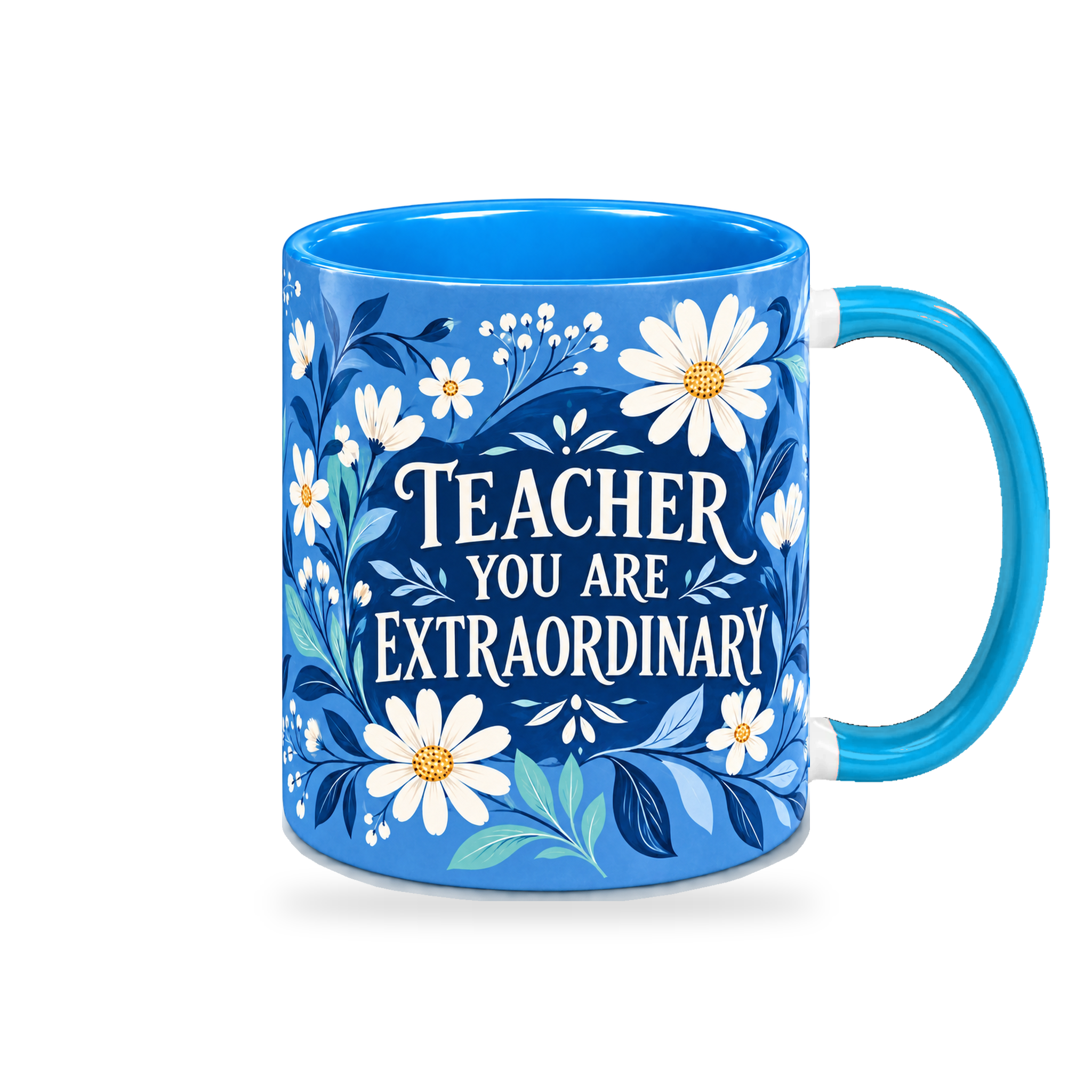 Cobalt Floral Thanks Teacher Mug – 320ml — right view on a transparent background