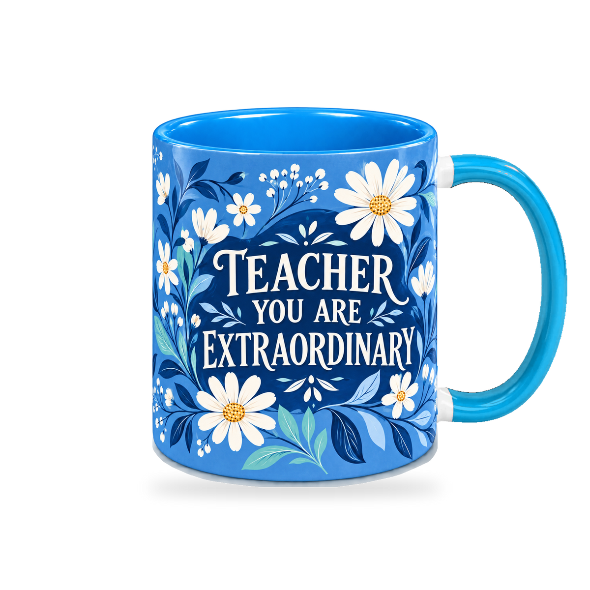 Cobalt Floral Thanks Teacher Mug – 320ml — right view on a transparent background