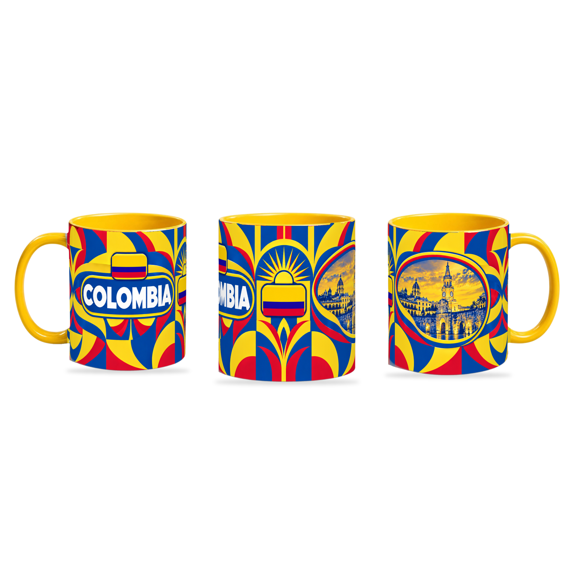 Colombia Mug Yellow – 320ml with yellow handle, shown in three matching angles of the glossy full-wrap design by Fann Bliss.