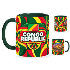 Congo Republic Mug – 320ml with dark green handle, showing the country-name side plus companion centered-flag and landmark views of the glossy full-wrap design by Fann Bliss.