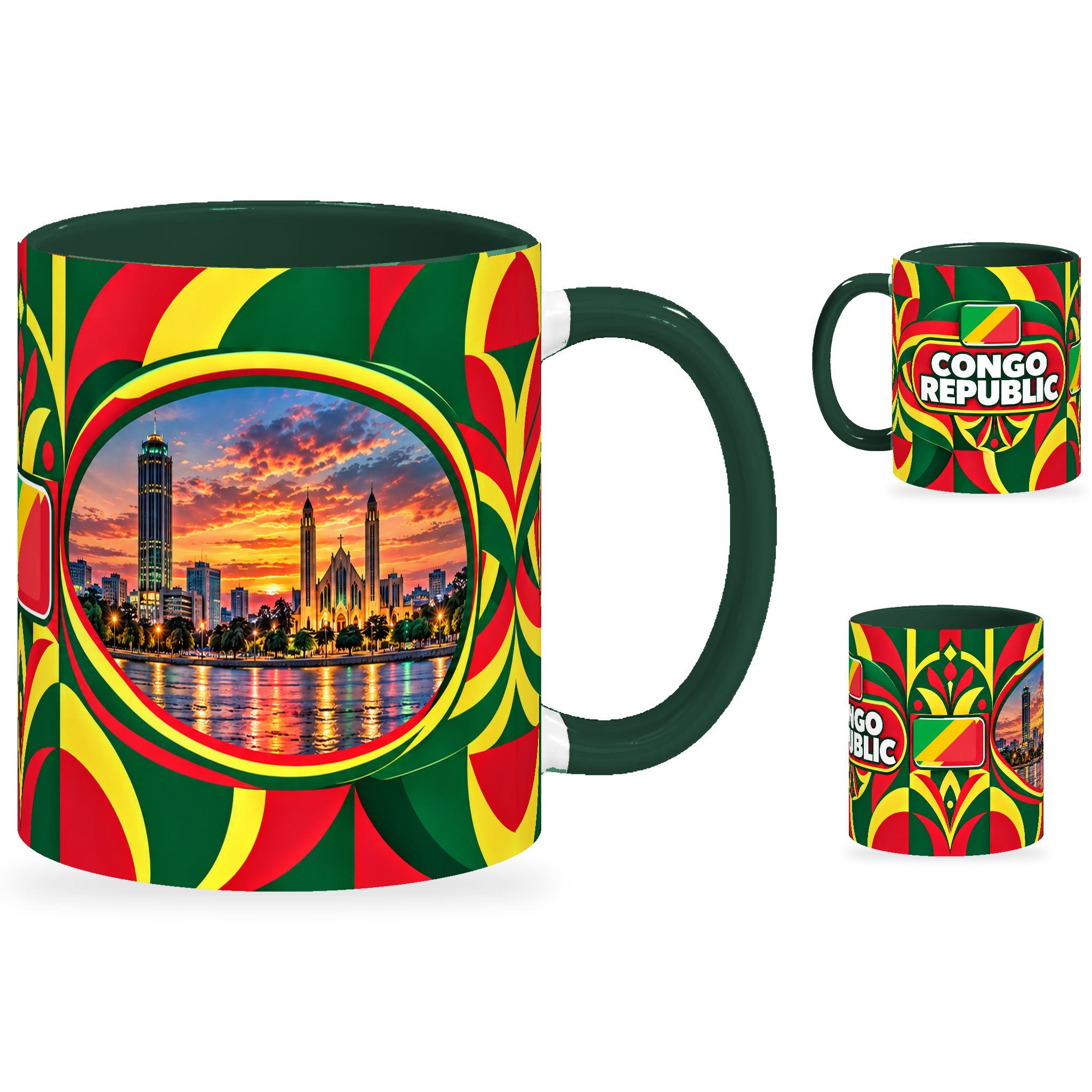 Congo Republic Mug – 320ml with dark green handle, showing the landmark side plus companion country-name and centered-flag views of the glossy full-wrap design by Fann Bliss.
