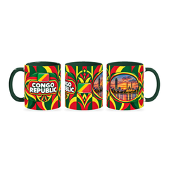 Congo Republic Mug – 320ml with dark green handle, shown in three matching angles of the glossy full-wrap design by Fann Bliss.
