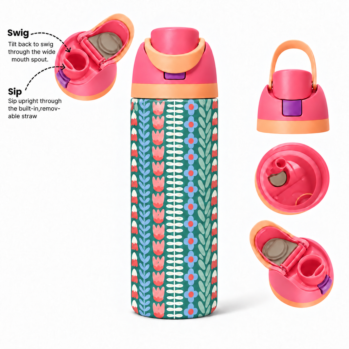 Coral Tulip Free Sip Bottle 720ML with Pink-Orange lid - sip and swig lid details
