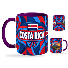 Costa Rica Mug Purple – 320ml with purple handle, showing the country-name side plus companion centered-flag and landmark views of the glossy full-wrap design by Fann Bliss.