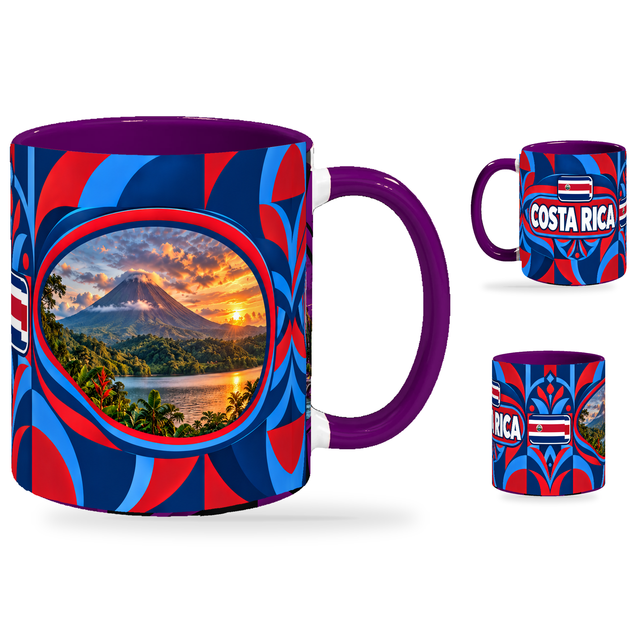 Costa Rica Mug Purple – 320ml with purple handle, showing the landmark side plus companion country-name and centered-flag views of the glossy full-wrap design by Fann Bliss.