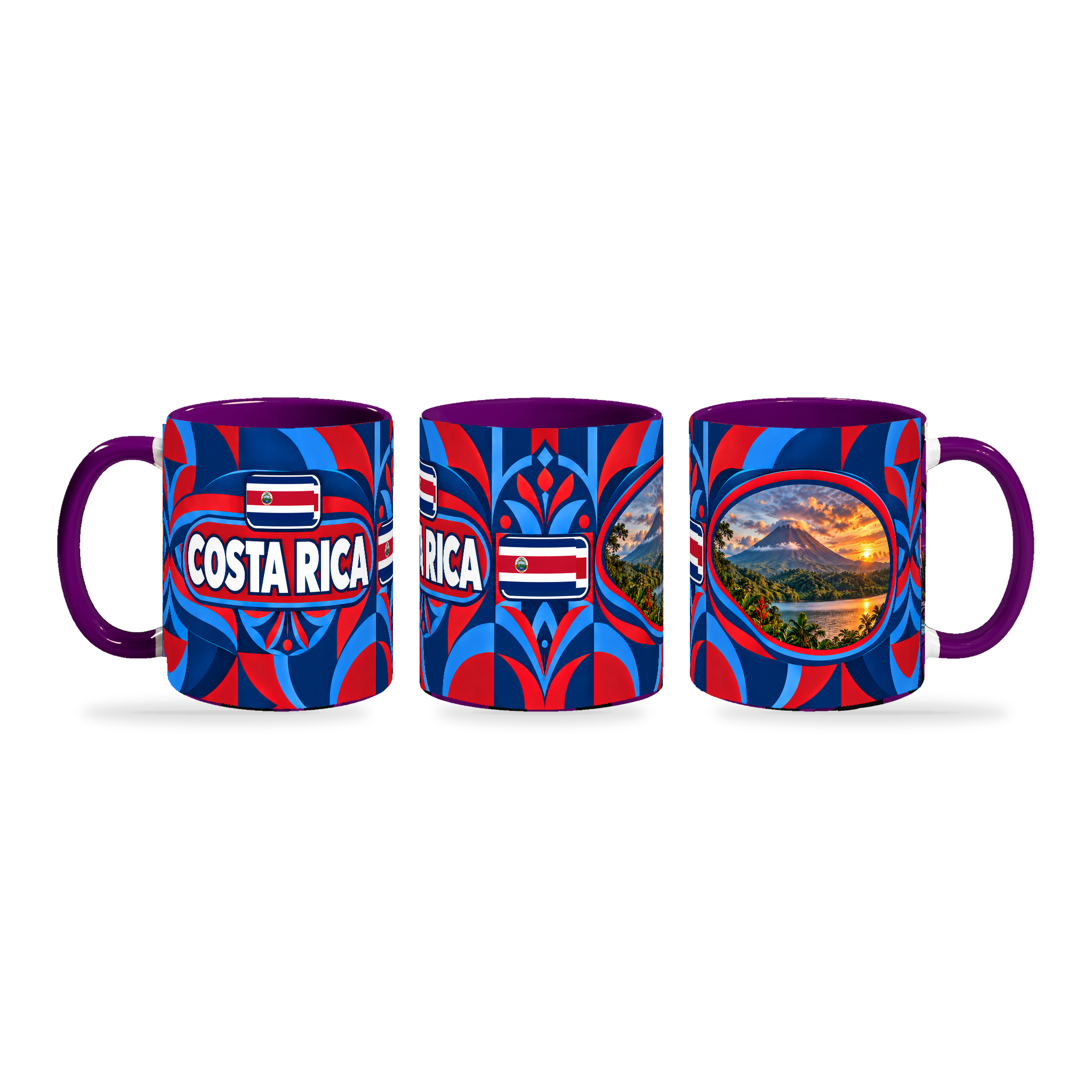 Costa Rica Mug Purple – 320ml with purple handle, shown in three matching angles of the glossy full-wrap design by Fann Bliss.