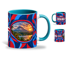 Costa Rica Mug Teal – 320ml with teal handle, showing the landmark side plus companion country-name and centered-flag views of the glossy full-wrap design by Fann Bliss.