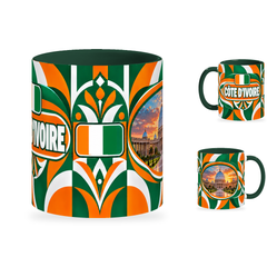 Côte d’Ivoire Mug – 320ml with dark green handle, showing the centered flag view plus companion country-name and landmark views of the glossy full-wrap design by Fann Bliss.