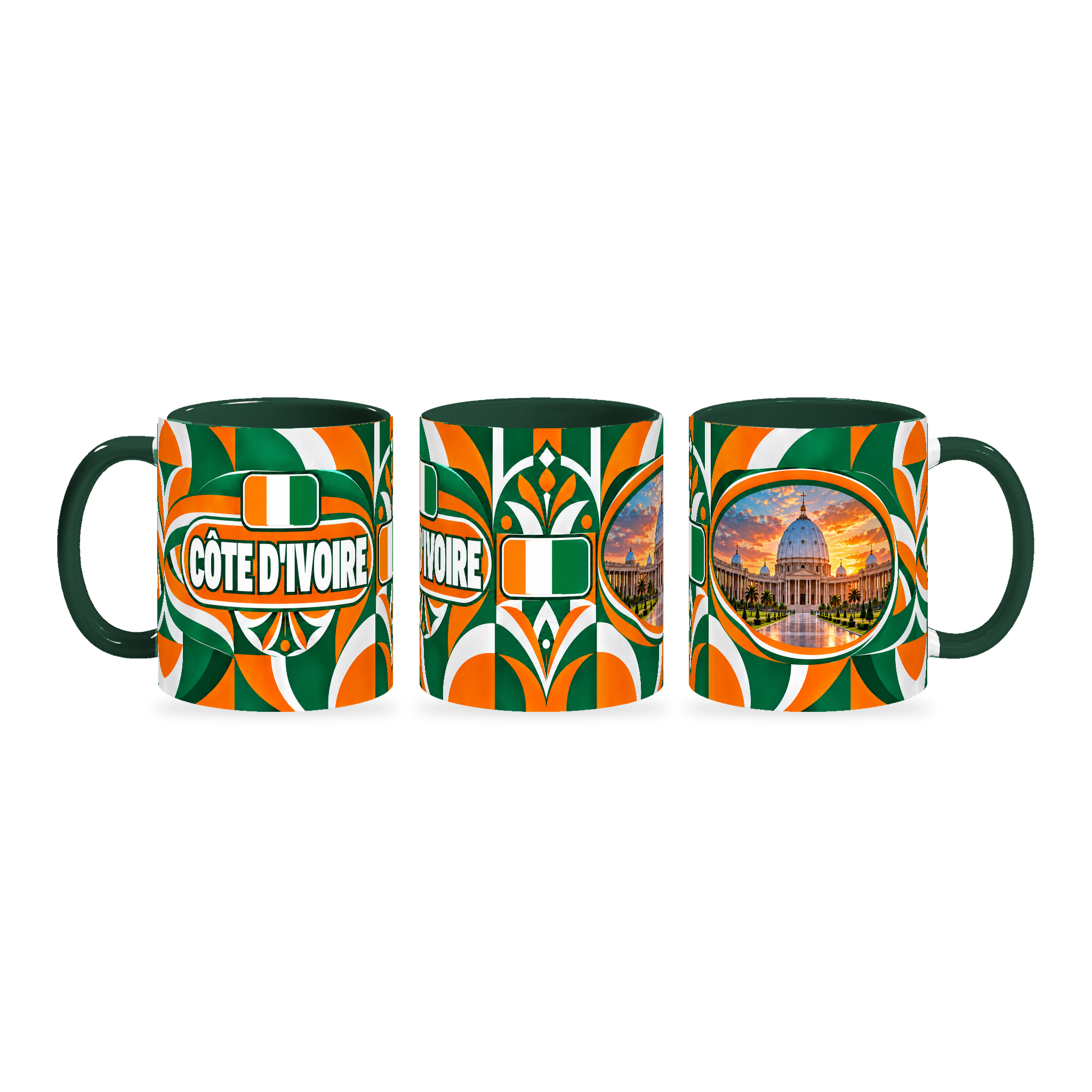 Côte d’Ivoire Mug – 320ml with dark green handle, shown in three matching angles of the glossy full-wrap design by Fann Bliss.