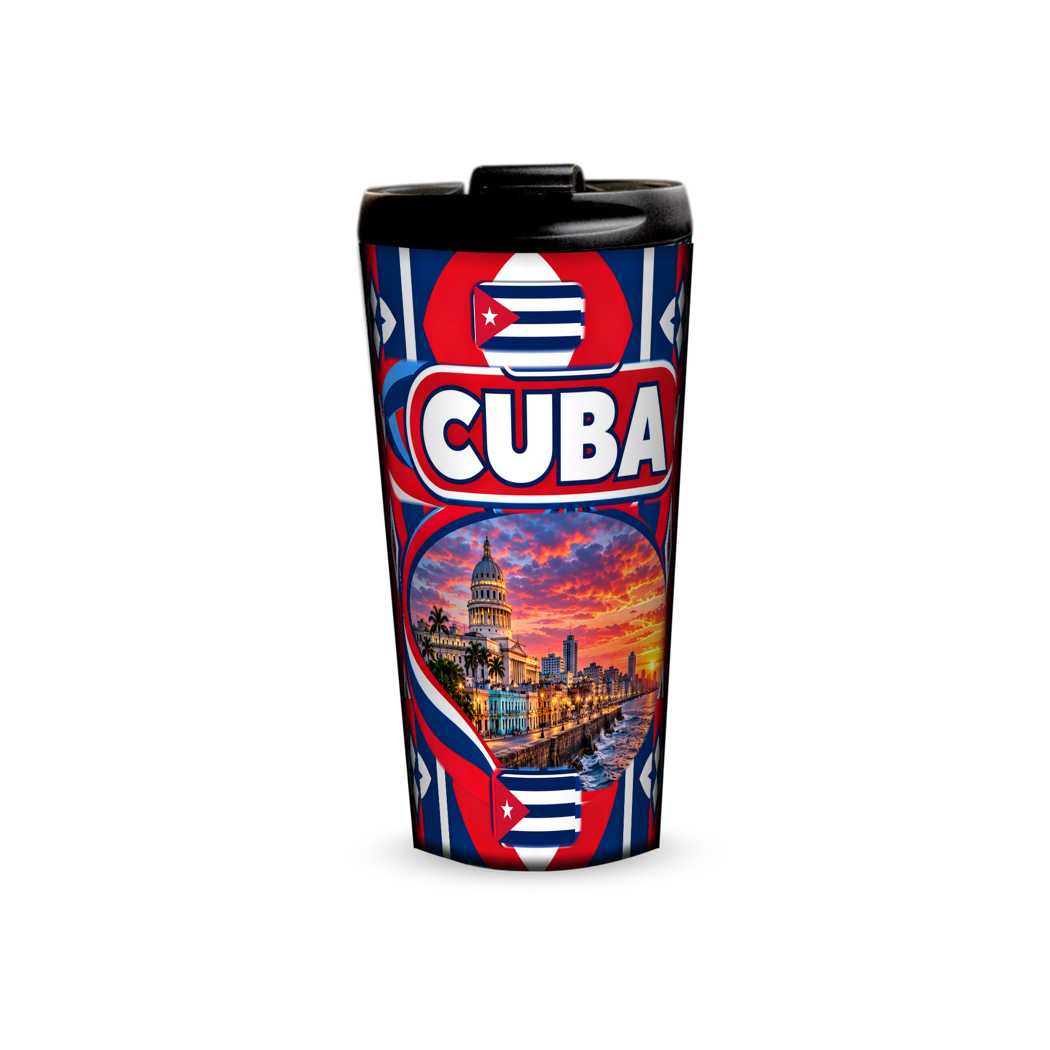 Cuba 480ml tumbler front view with country design