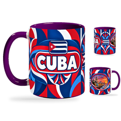 Cuba Mug Purple – 320ml with purple handle, showing the country-name side plus companion centered-flag and landmark views of the glossy full-wrap design by Fann Bliss.