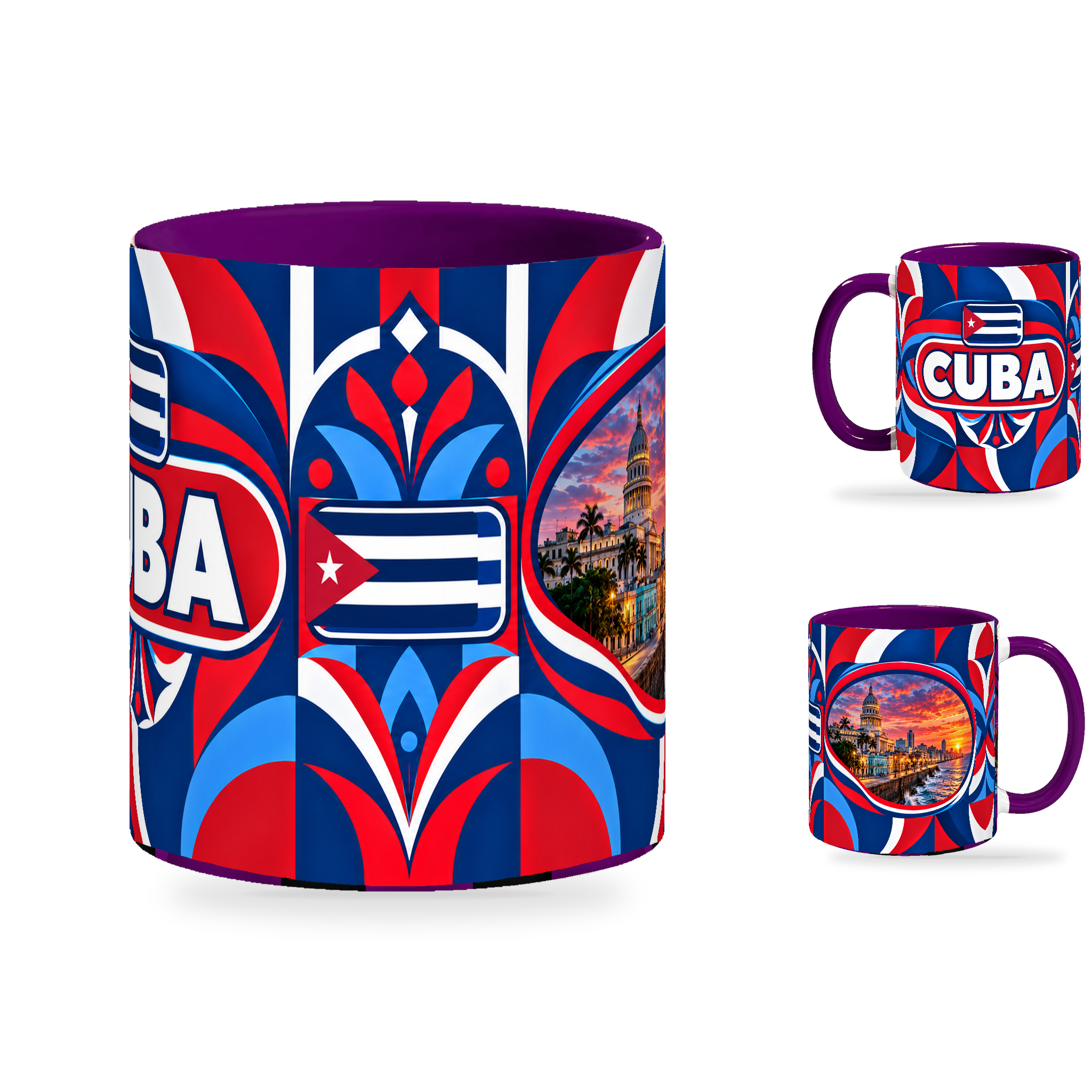 Cuba Mug Purple – 320ml with purple handle, showing the centered flag view plus companion country-name and landmark views of the glossy full-wrap design by Fann Bliss.