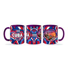 Cuba Mug Purple – 320ml with purple handle, shown in three matching angles of the glossy full-wrap design by Fann Bliss.