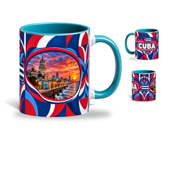 Cuba Mug Teal – 320ml with teal handle, showing the landmark side plus companion country-name and centered-flag views of the glossy full-wrap design by Fann Bliss.