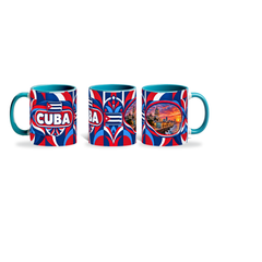Cuba Mug Teal – 320ml with teal handle, shown in three matching angles of the glossy full-wrap design by Fann Bliss.