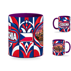 Czechia Mug Purple – 320ml with purple handle, showing the centered flag view plus companion country-name and landmark views of the glossy full-wrap design by Fann Bliss.