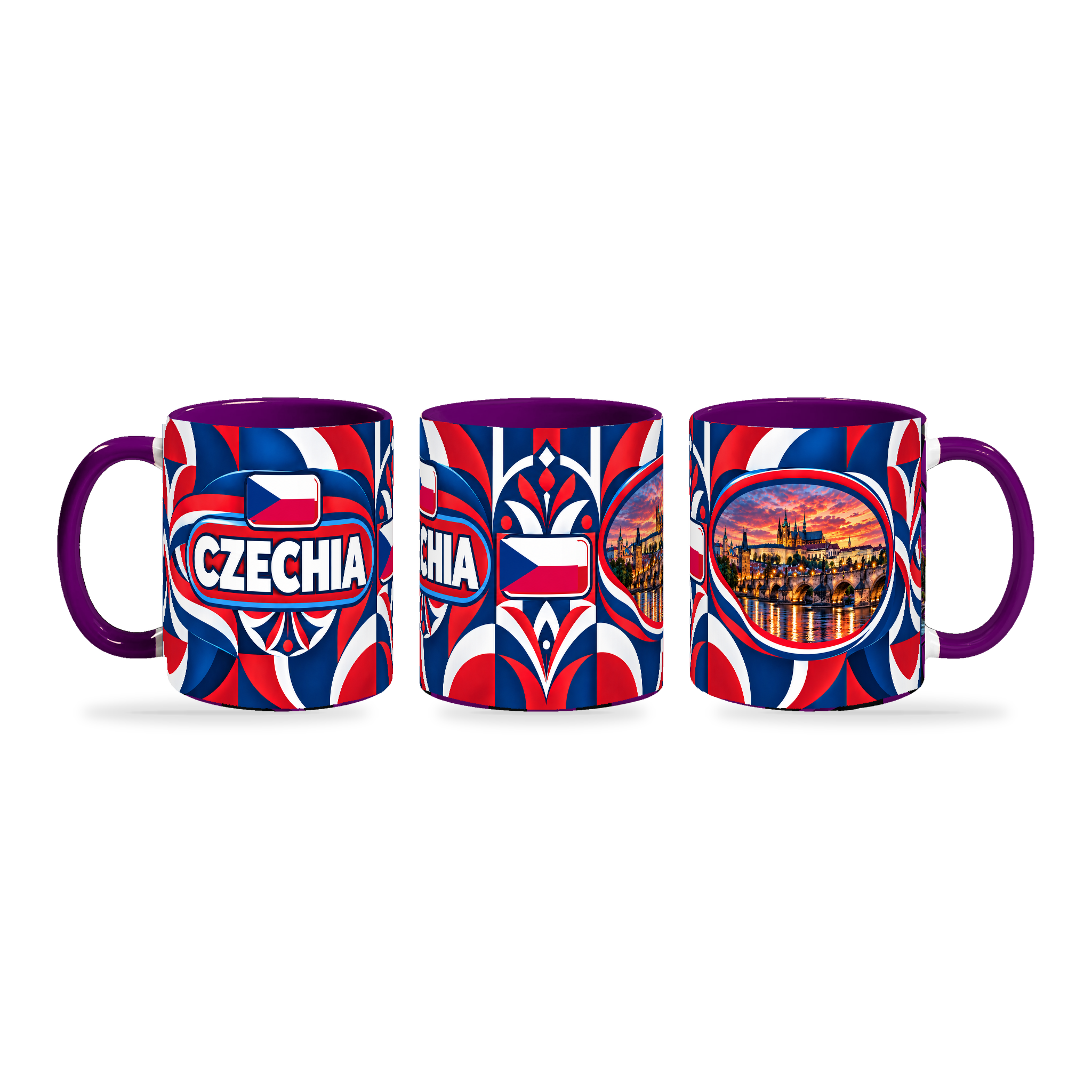 Czechia Mug Purple – 320ml with purple handle, shown in three matching angles of the glossy full-wrap design by Fann Bliss.