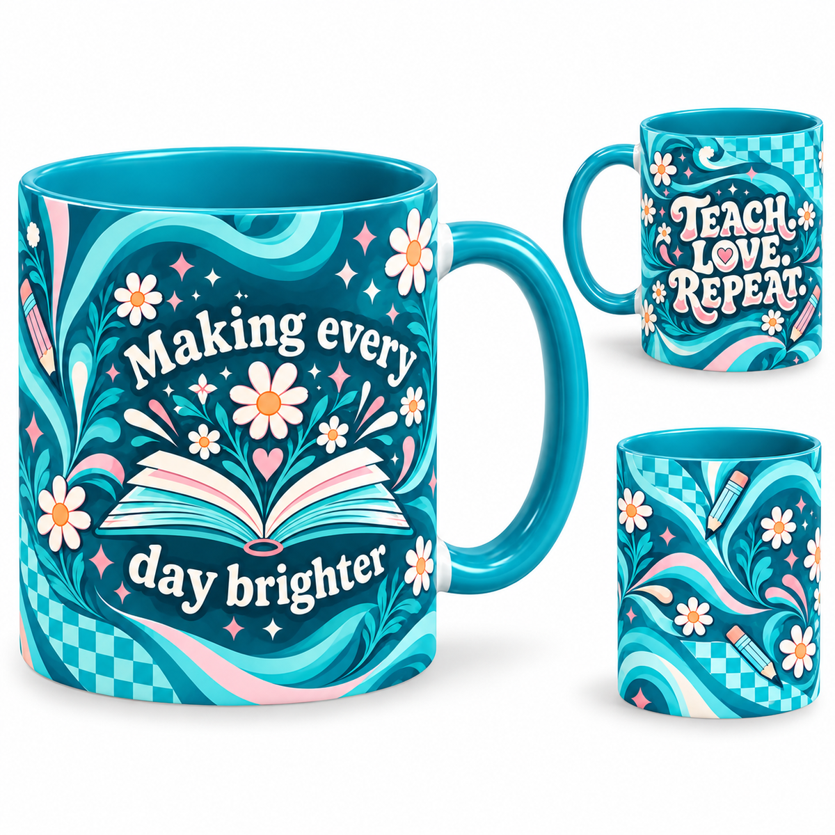 Daily Inspiration Mug – 320ml, teal ceramic mug, views of the full-wrap Teacher’s Day design