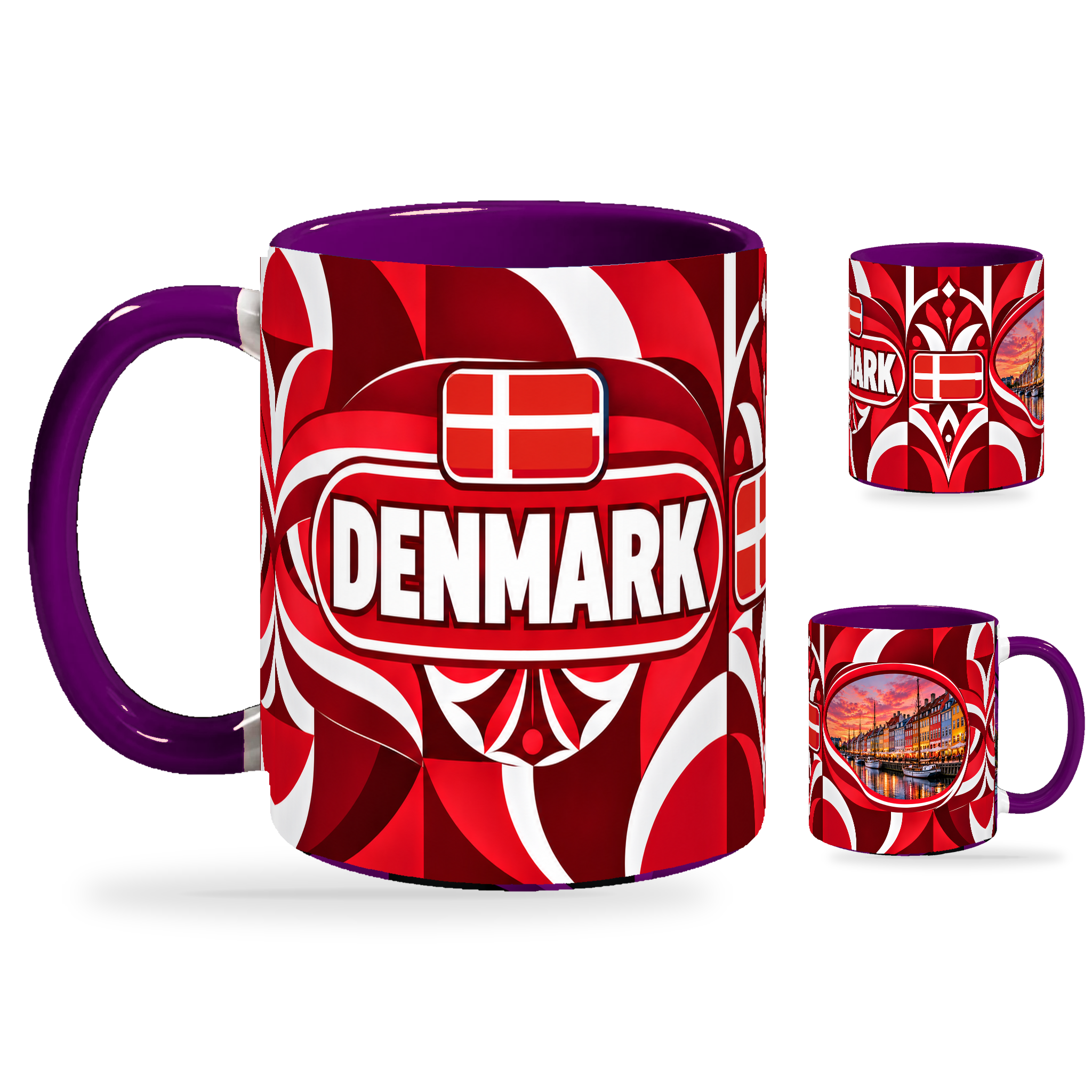 Denmark Mug Purple – 320ml with purple handle, showing the country-name side plus companion centered-flag and landmark views of the glossy full-wrap design by Fann Bliss.