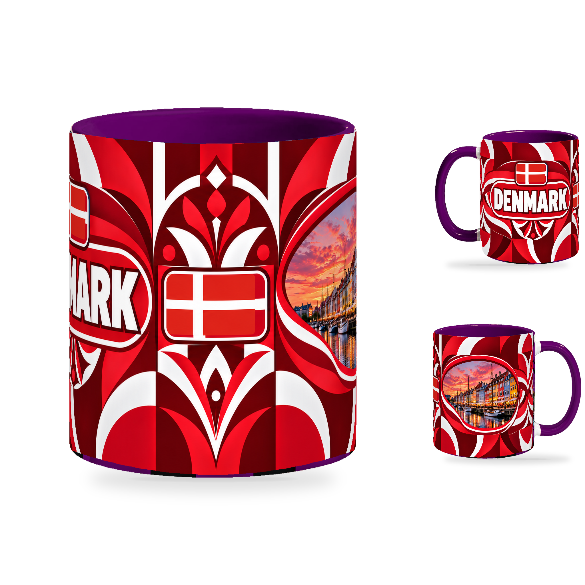 Denmark Mug Purple – 320ml with purple handle, showing the centered flag view plus companion country-name and landmark views of the glossy full-wrap design by Fann Bliss.