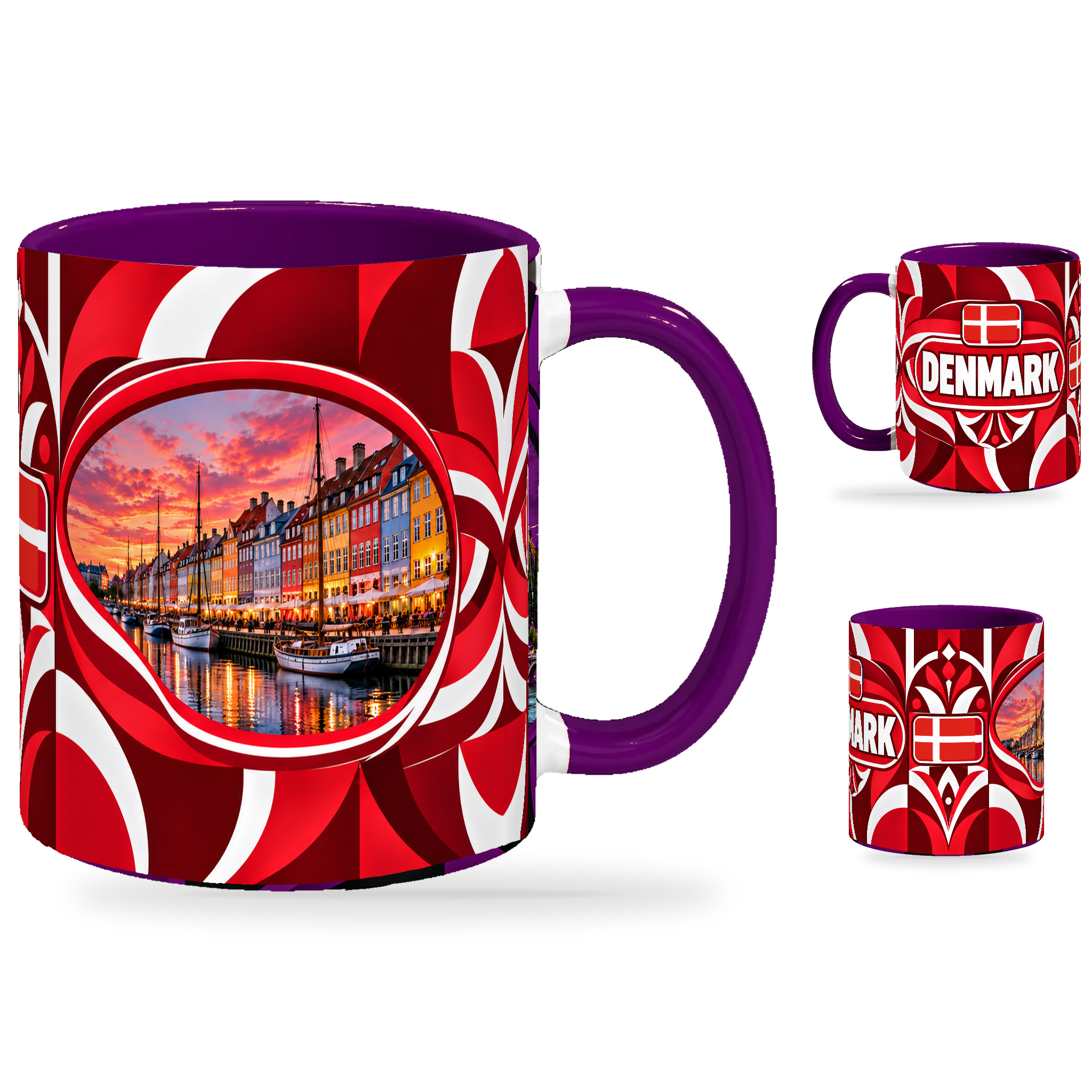 Denmark Mug Purple – 320ml with purple handle, showing the landmark side plus companion country-name and centered-flag views of the glossy full-wrap design by Fann Bliss.
