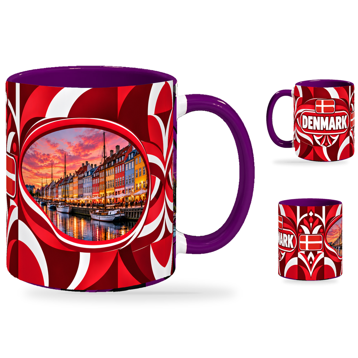 Denmark Mug Purple – 320ml with purple handle, showing the landmark side plus companion country-name and centered-flag views of the glossy full-wrap design by Fann Bliss.