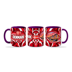 Denmark Mug Purple – 320ml with purple handle, shown in three matching angles of the glossy full-wrap design by Fann Bliss.