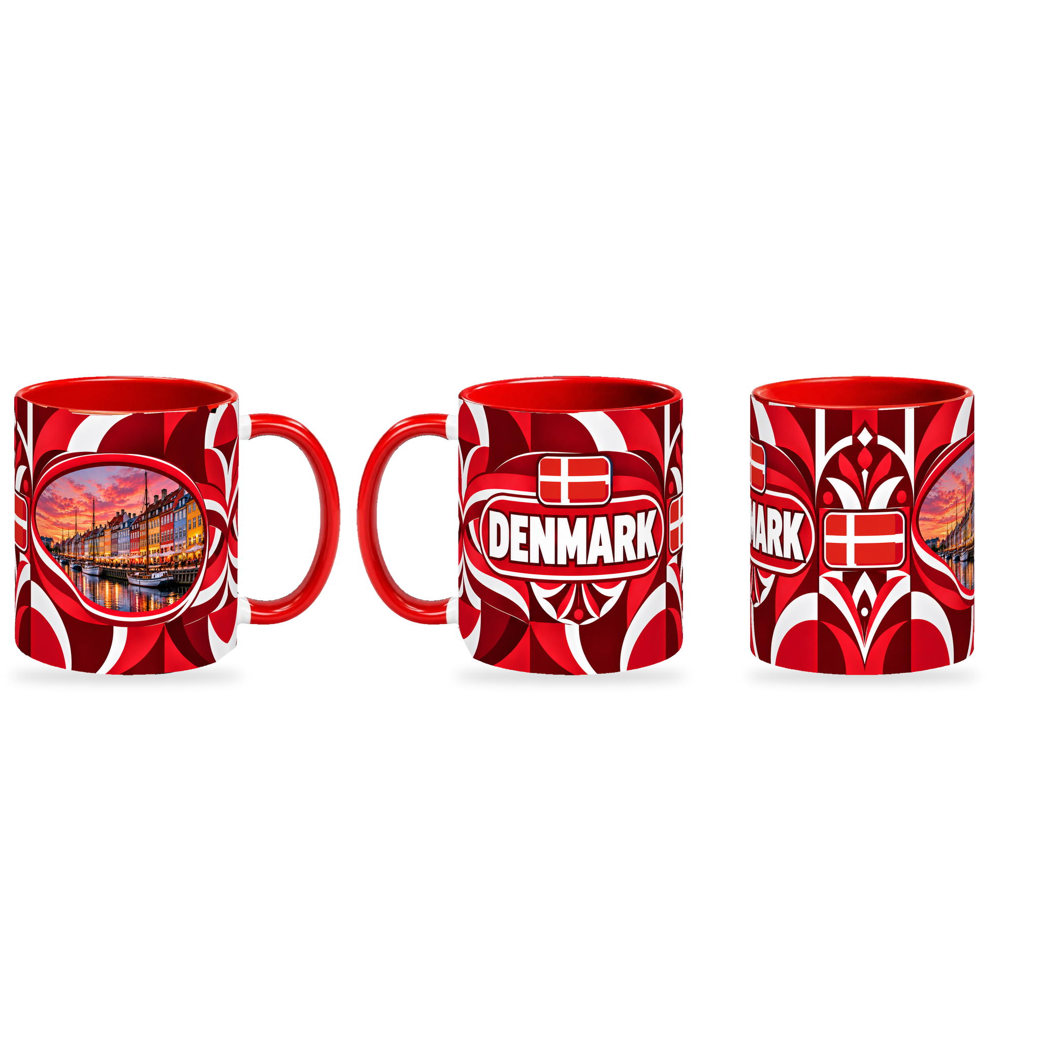 Denmark Mug – 320ml — three matching angles together on a white background with a soft shadow