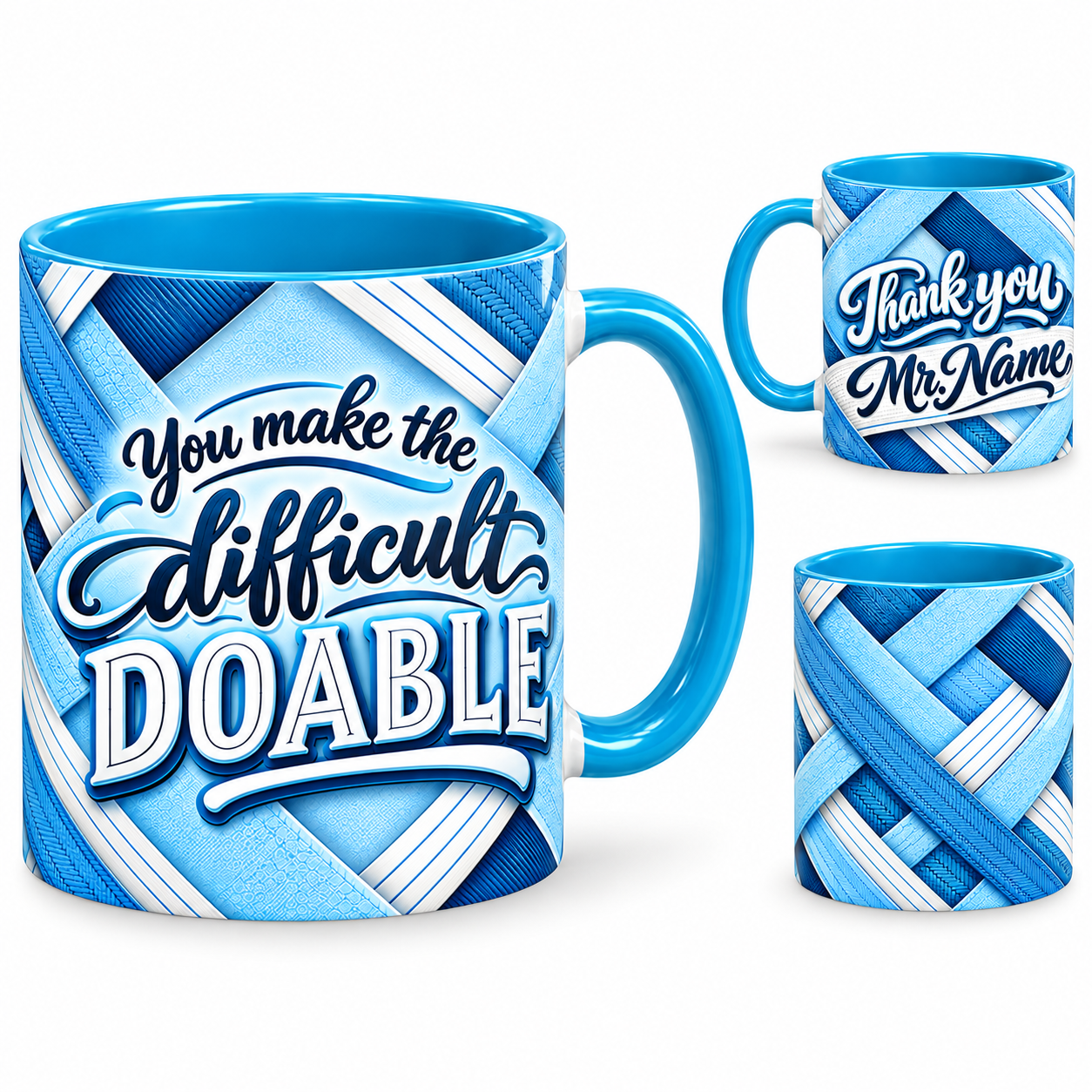 Difference Maker Mug – 320ml, light blue ceramic mug, views of the full-wrap Teacher’s Day design