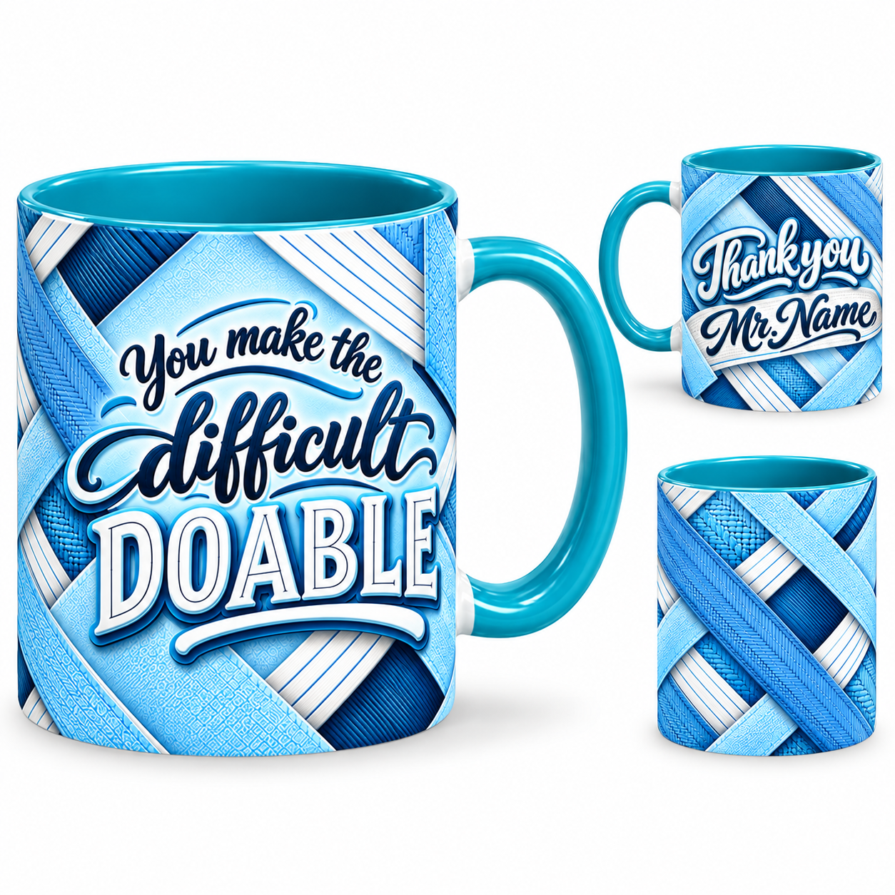 Difference Maker Mug – 320ml, teal ceramic mug, views of the full-wrap Teacher’s Day design