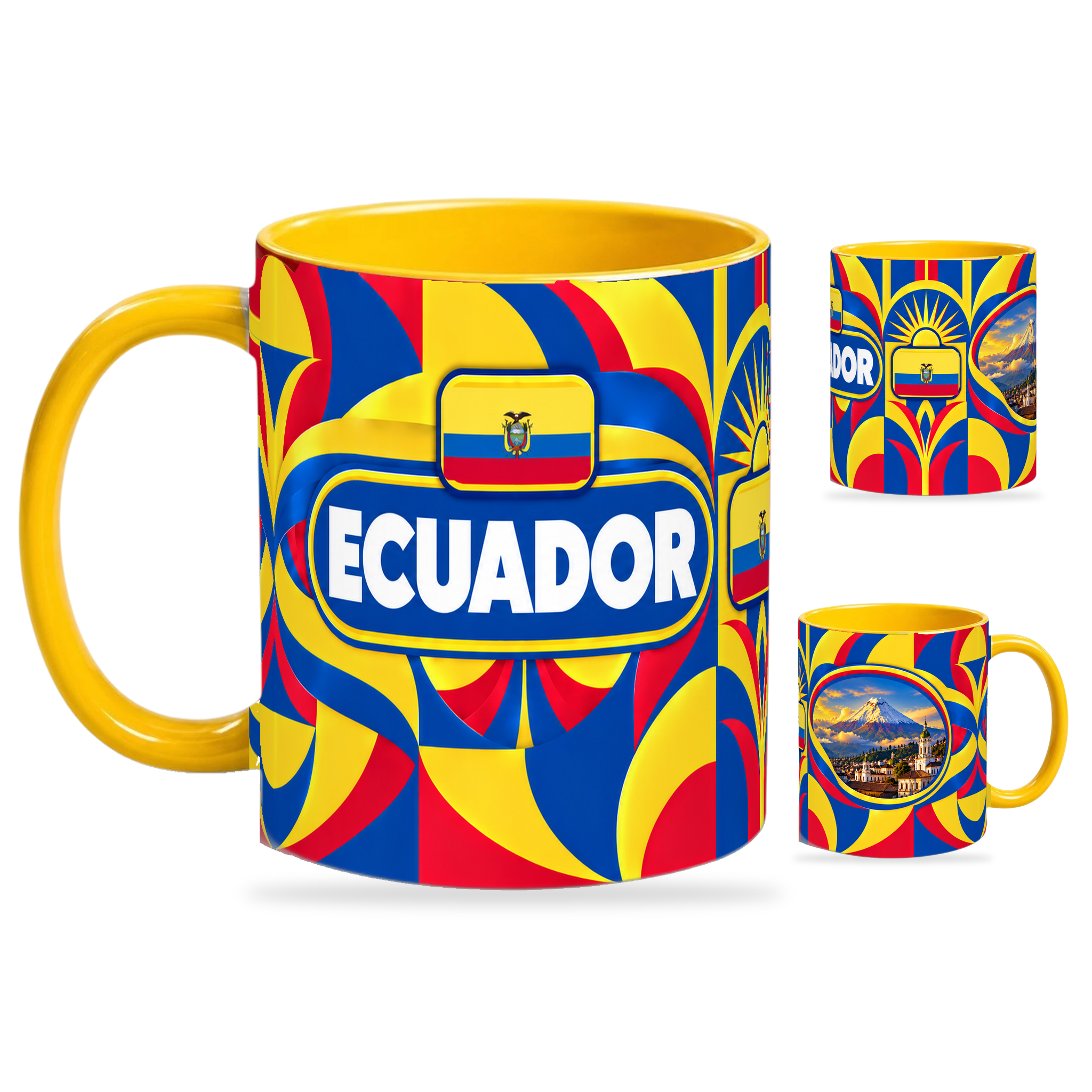 Ecuador Mug – 320ml with yellow handle, showing the country-name side plus companion centered-flag and landmark views of the glossy full-wrap design by Fann Bliss.